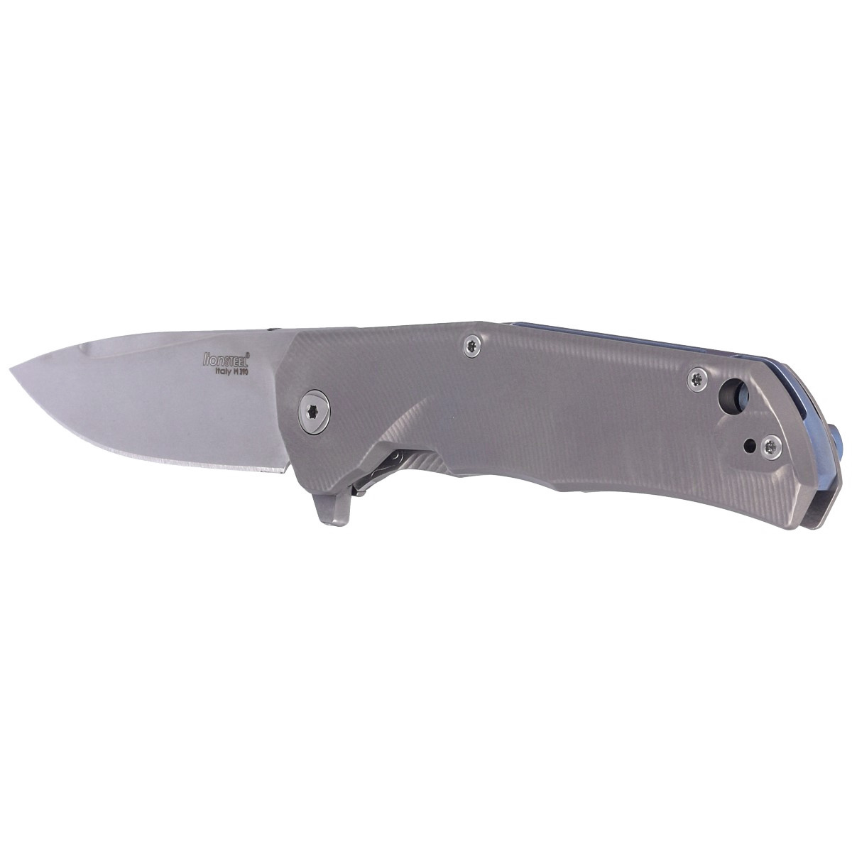Nóż składany LionSteel T.R.E. Grey Titanium/Blue Ti, Stonewashed M390 by Molletta (TRE BL) 6 jpg