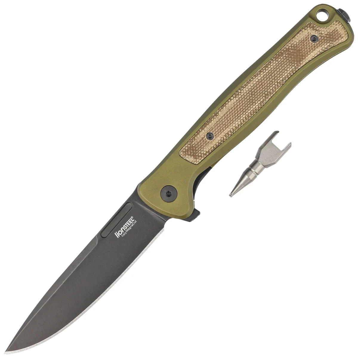 Nóż składany LionSteel Skinny Green Aluminium/Green Canvas Micarta, Old Black MagnaCut by Molletta (SK01A GB) 1 webp