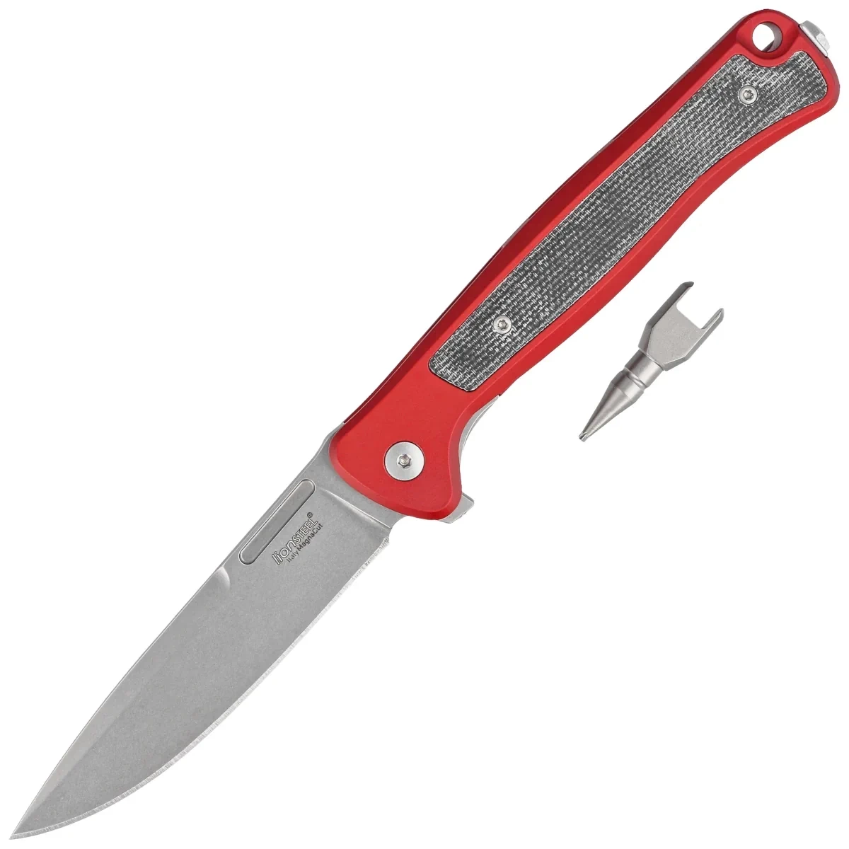 Nóż składany LionSteel Skinny Red Aluminium/Black Canvas Micarta, Stonewashed MagnaCut by Molletta (SK01A RS) 1 webp
