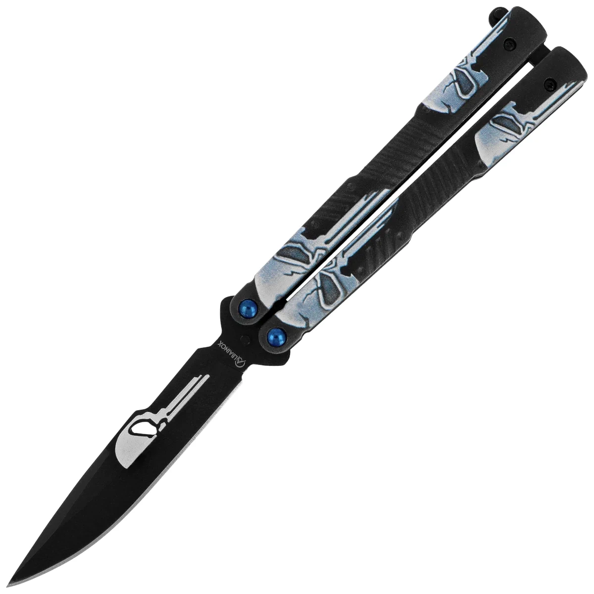 Nóż składany motylek Martinez Albainox Balisong Skulls Black Aluminium, Black 3Cr13Mov (02201) 1 webp