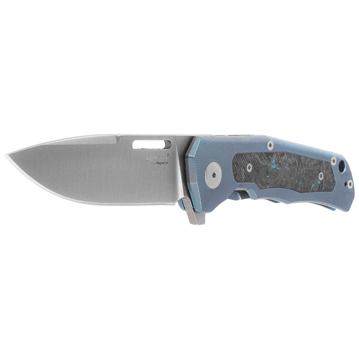 Nóż składany LionSteel Q4ttro Blue Titanium / Fat Carbon, Satin MagnaCut by Molletta (Q4 BL) 2 webp
