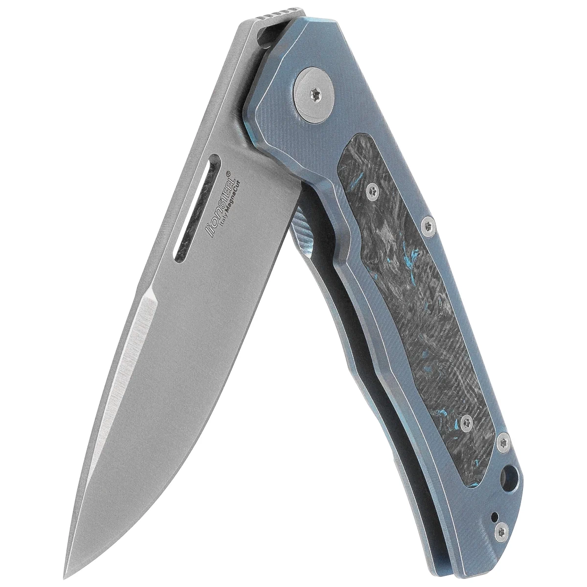 Nóż składany LionSteel Q4ttro Blue Titanium / Fat Carbon, Satin MagnaCut by Molletta (Q4 BL) 6 webp