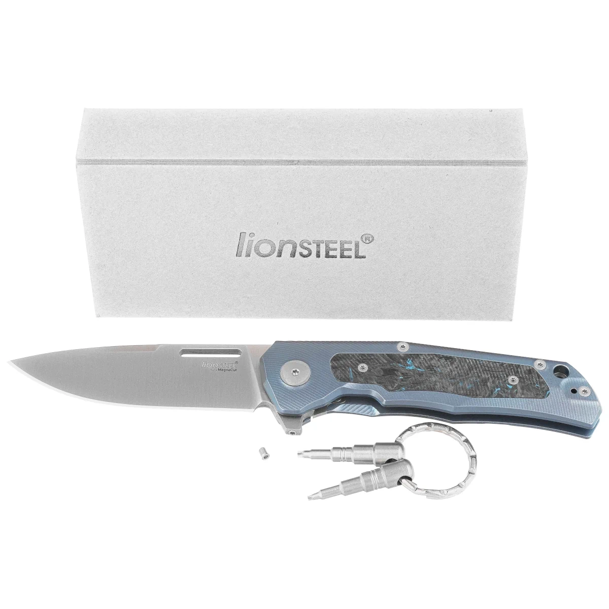 Nóż składany LionSteel Q4ttro Blue Titanium / Fat Carbon, Satin MagnaCut by Molletta (Q4 BL) 7 webp