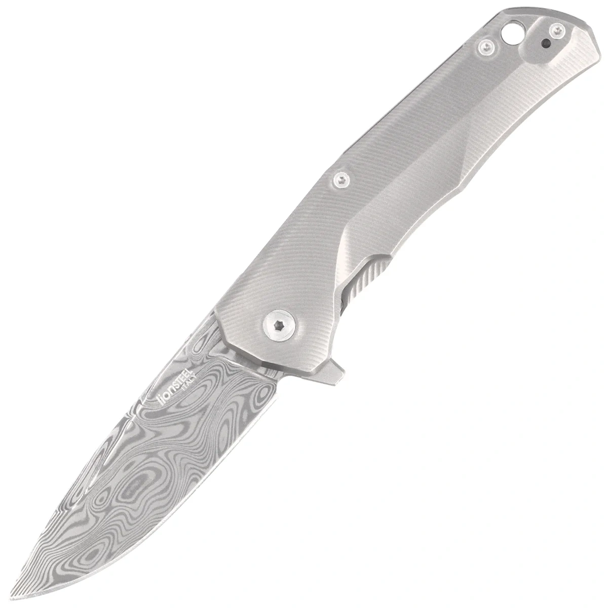 Nóż składany LionSteel T.R.E. Gray Titanium, Thor Damasteel Damascus by Molletta (TRE DT GY) 1 webp