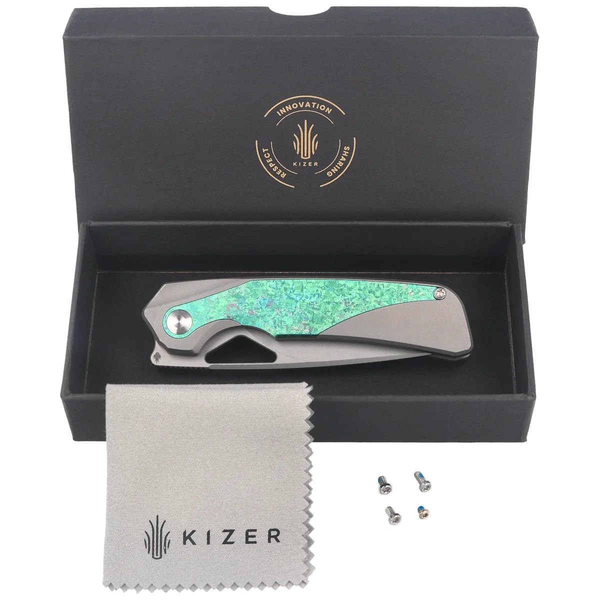 Nóż składany Kizer Topsail Silver-Green Crystallized Titanium, Blast M390 by Jonathan Styles (Ki3735A4) 3 webp