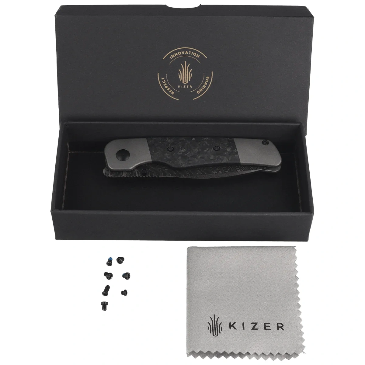Nóż składany Kizer Coywolf Gray Titanium / Black Carbon Fiber, Acid Washed Damascus by Derek Sharon (Ki3685A1) 3 webp