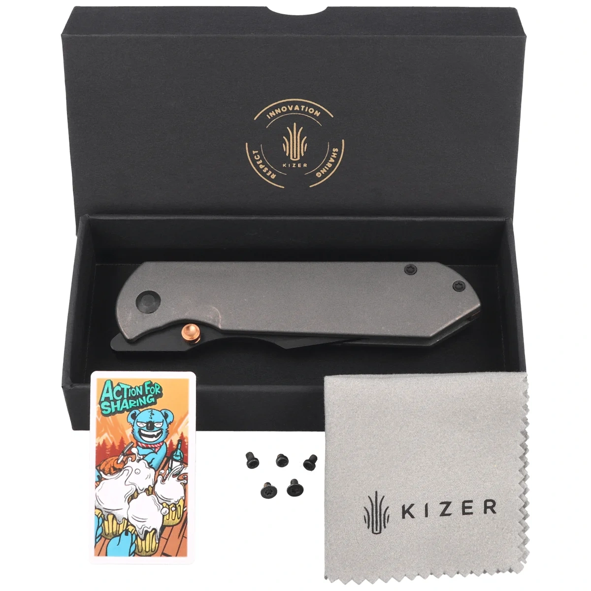 Nóż składany Kizer Harpoon Fold Gray Titanium, Matte DLC Ultra Elmax by Maverick Customs (Ki4784A3) 3 webp