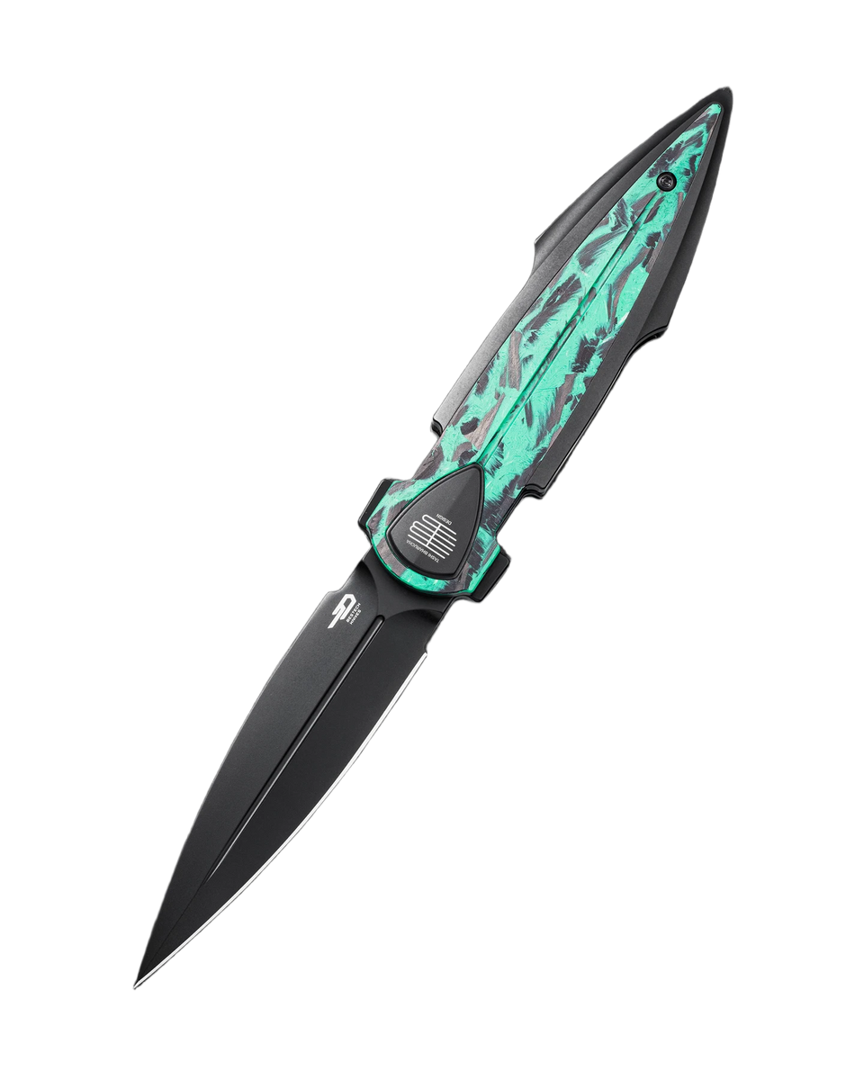 Nóż składany Bestech Ika Dagger Black Titanium / GITD Marble Carbon Fiber, Black PVD M390 by Tashi Bharucha (BT2602D) 1 png